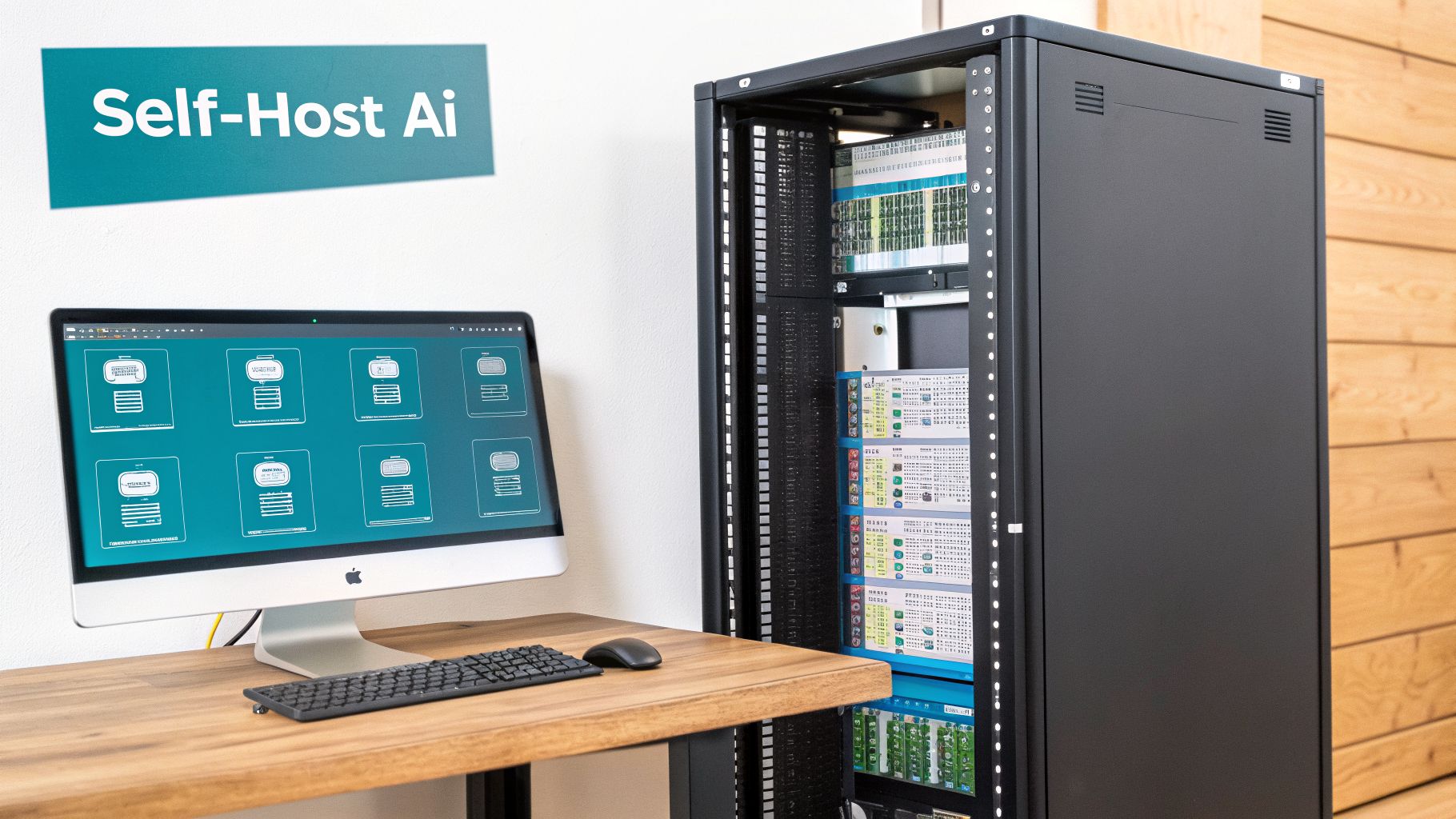 A computer monitor displaying AI orchestration software next to a server rack, highlighting self-hosted AI.