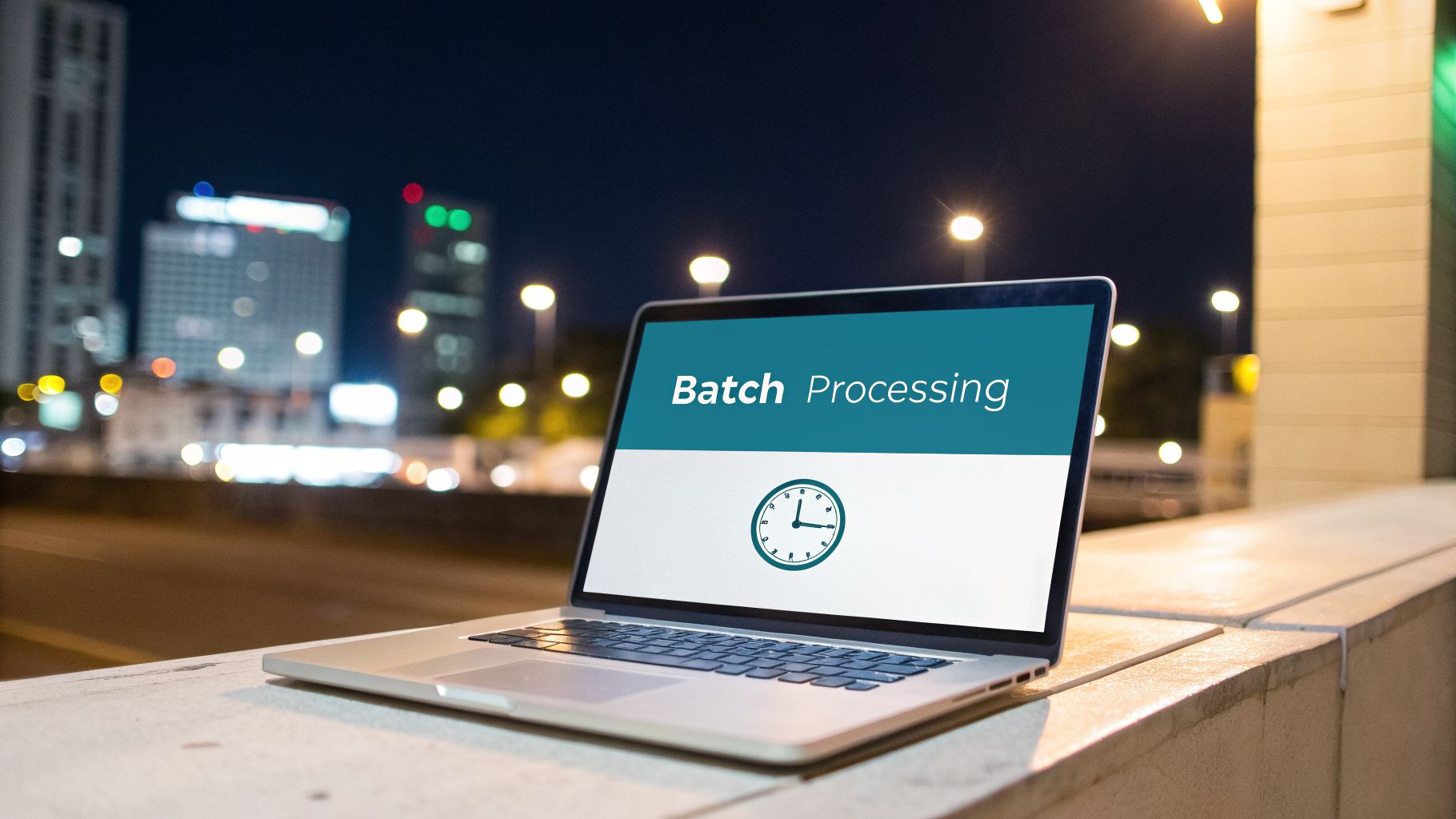 A laptop displays 'Batch Processing' and a clock icon, set against a blurred night city background.