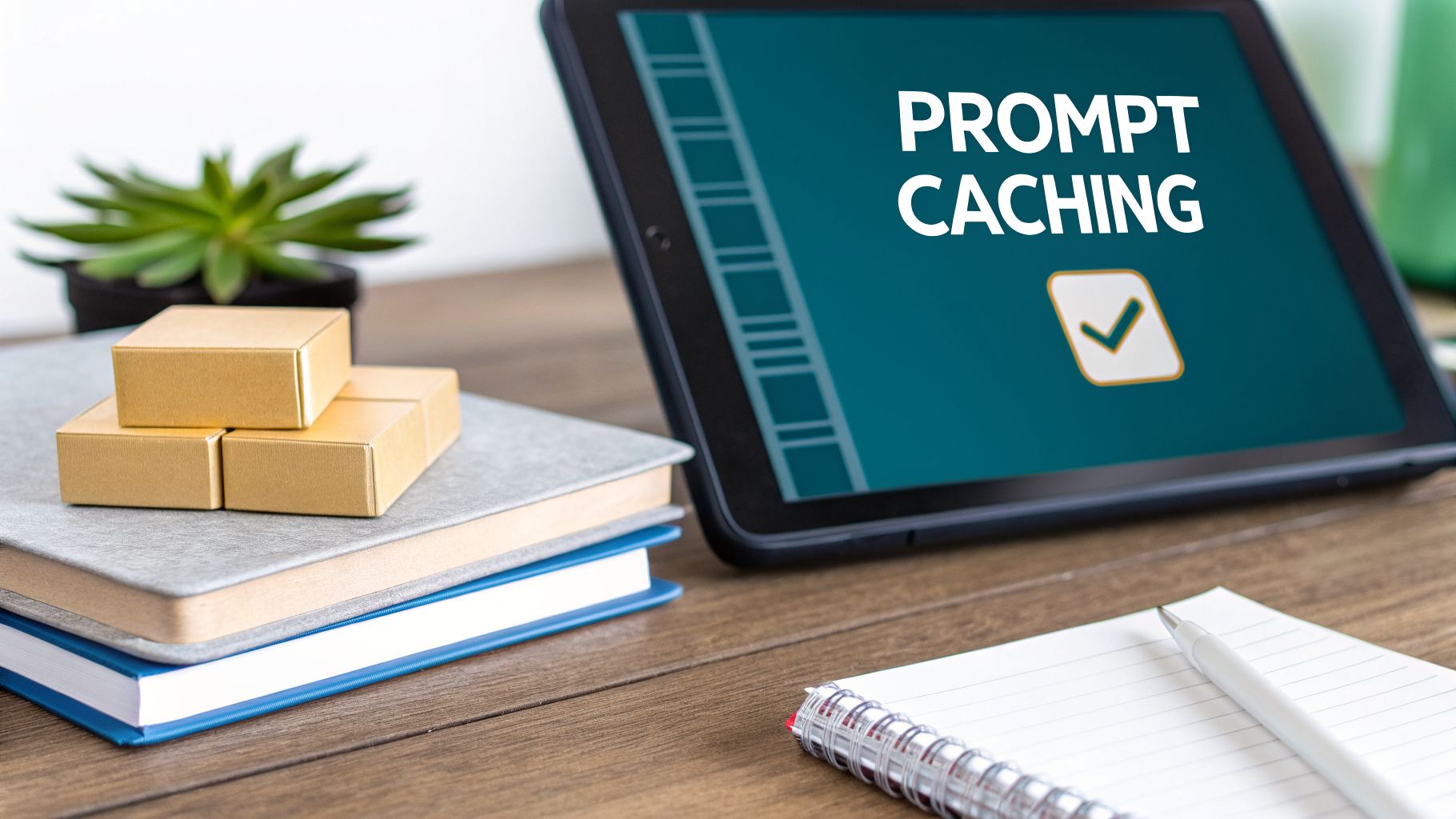 A tablet displaying 'PROMPT CACHING' with a checkmark, alongside books, gold boxes, and a notebook.