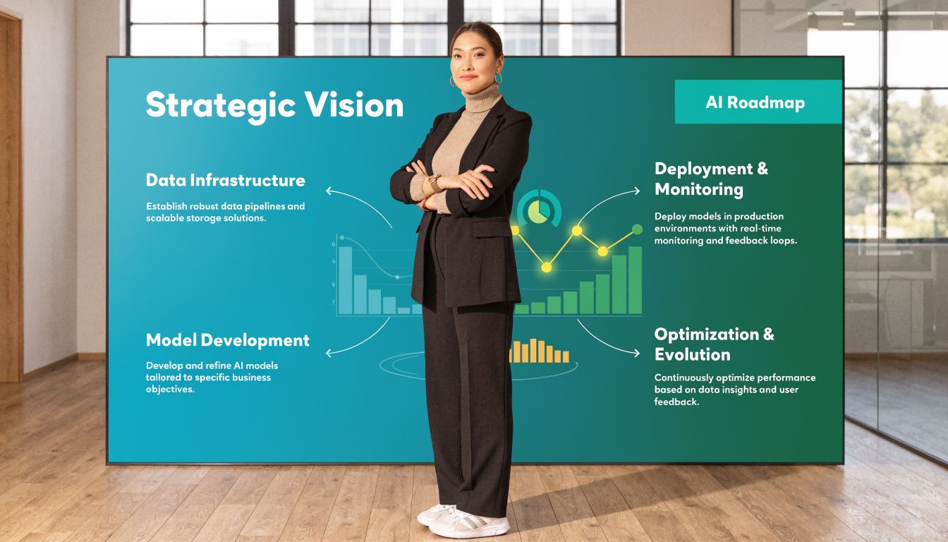A professional woman standing in front of a digital screen outlining a comprehensive strategic AI workflow roadmap.