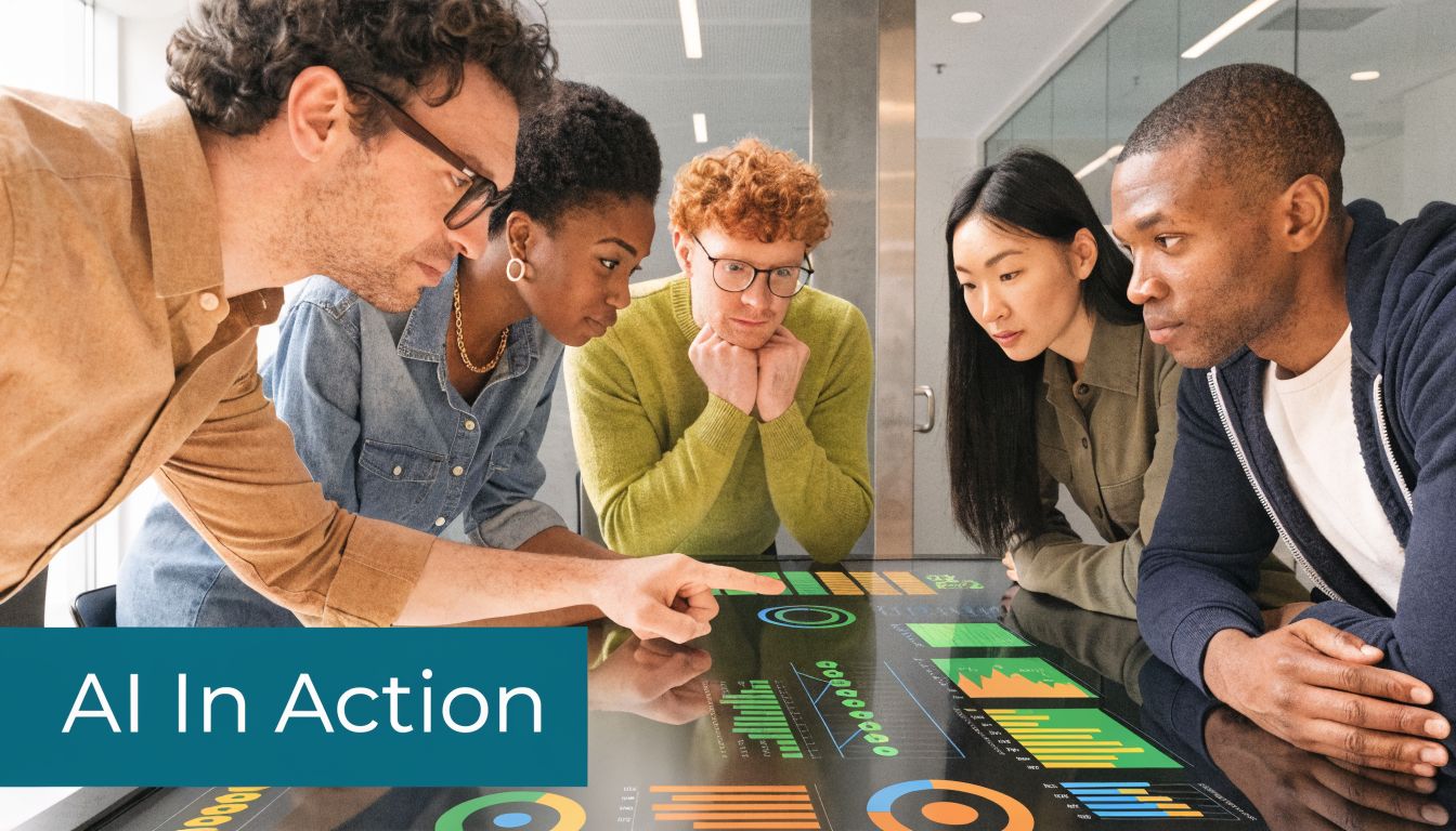 A diverse group of professionals collaborating around a digital table displaying various data analytics and business charts.