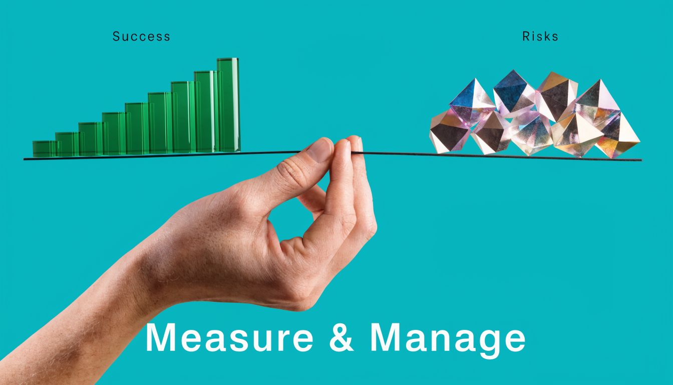 A hand balancing a bar graph labeled success against crystalline shapes labeled risks on a teal background.