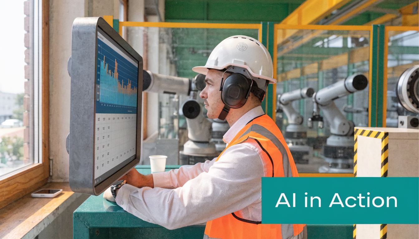 A factory worker in a hard hat and safety vest monitors industrial robotic arms on a digital screen.