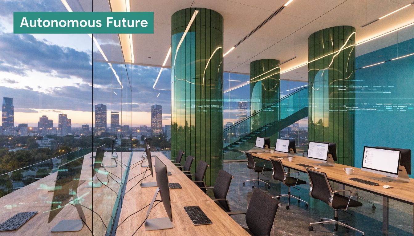 A modern, high-tech office space with workstations overlooking a sprawling city skyline at twilight.