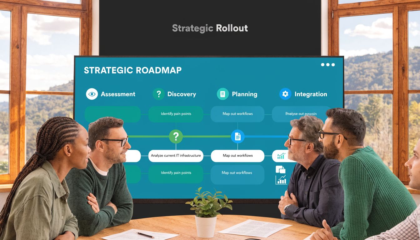 A professional team collaborating on a strategic roadmap for business implementation in a modern office meeting room.