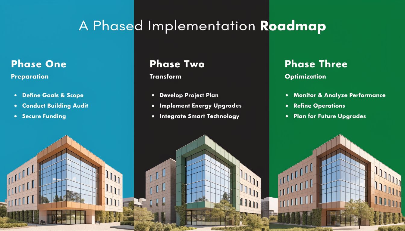 A phased implementation roadmap infographic illustrating three stages of building improvement: preparation, transformation, and optimization.