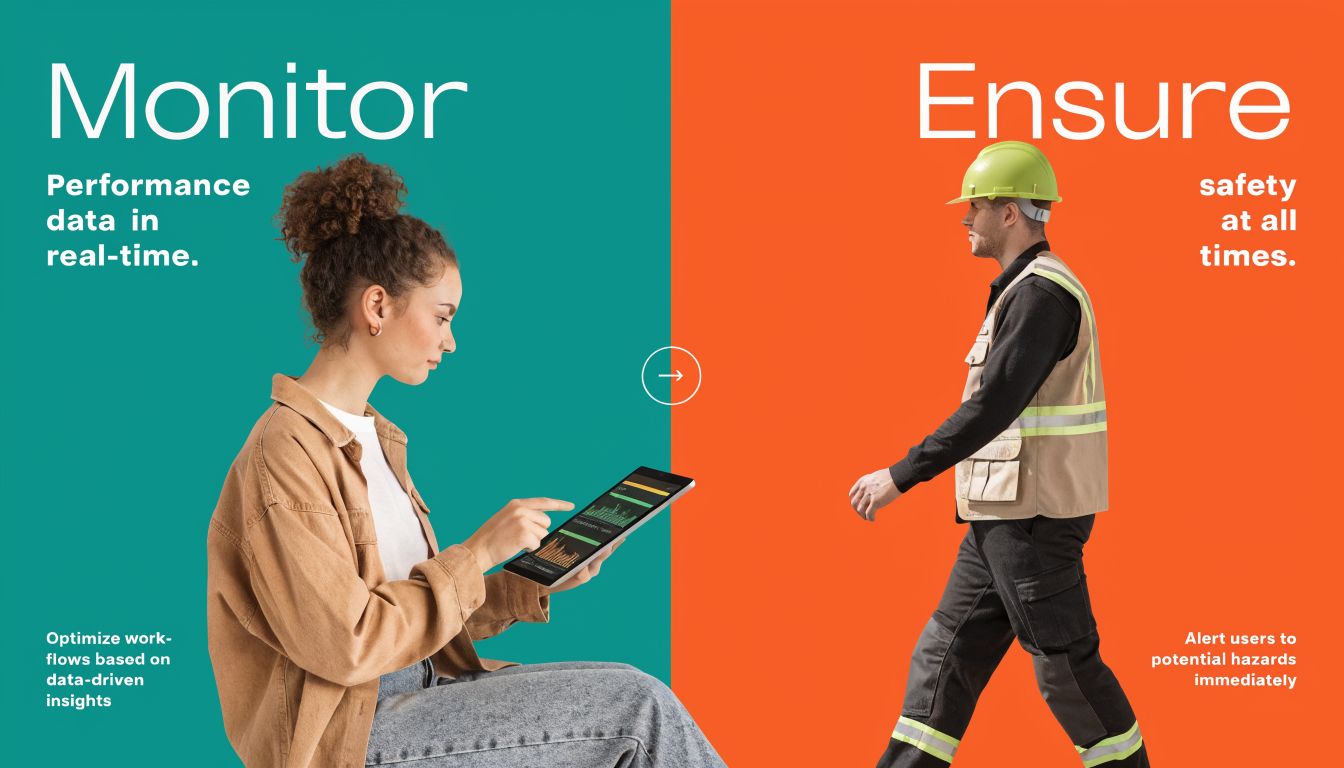 A woman using a digital tablet monitors data while a construction worker walks, representing integrated safety management.