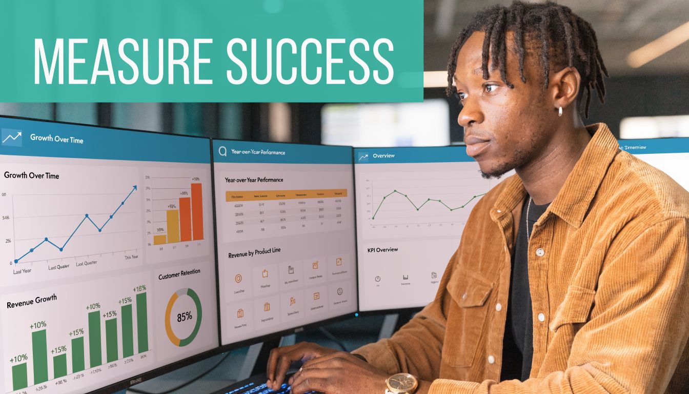 A young professional analyzing complex business data and analytics on multiple computer monitors in an office.