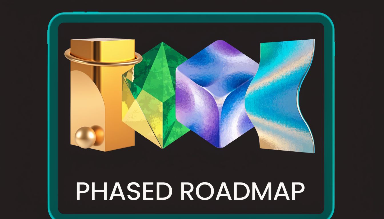 A digital graphic titled Phased Roadmap featuring four abstract 3D geometric shapes with unique textures and colors.