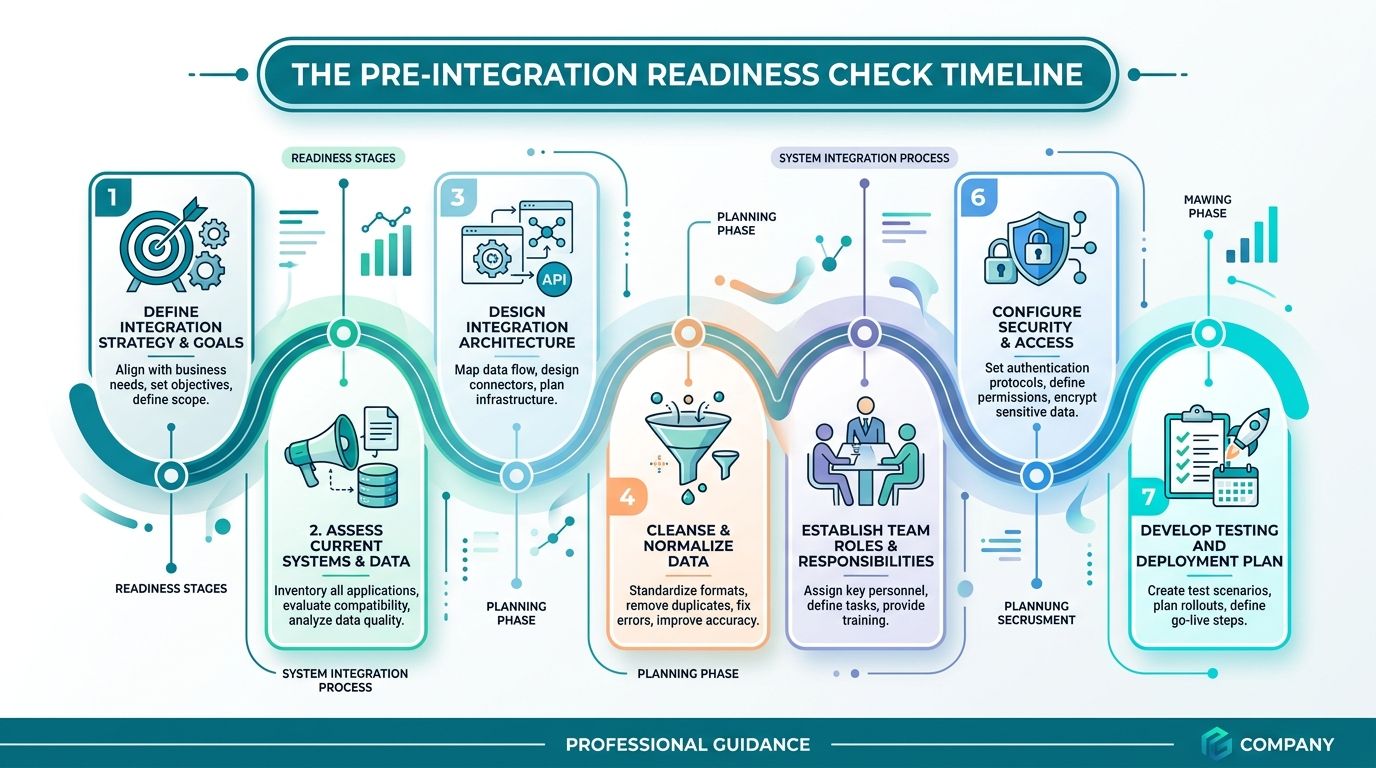 A comprehensive infographic illustrating the seven key stages of a pre-integration readiness check timeline for businesses.