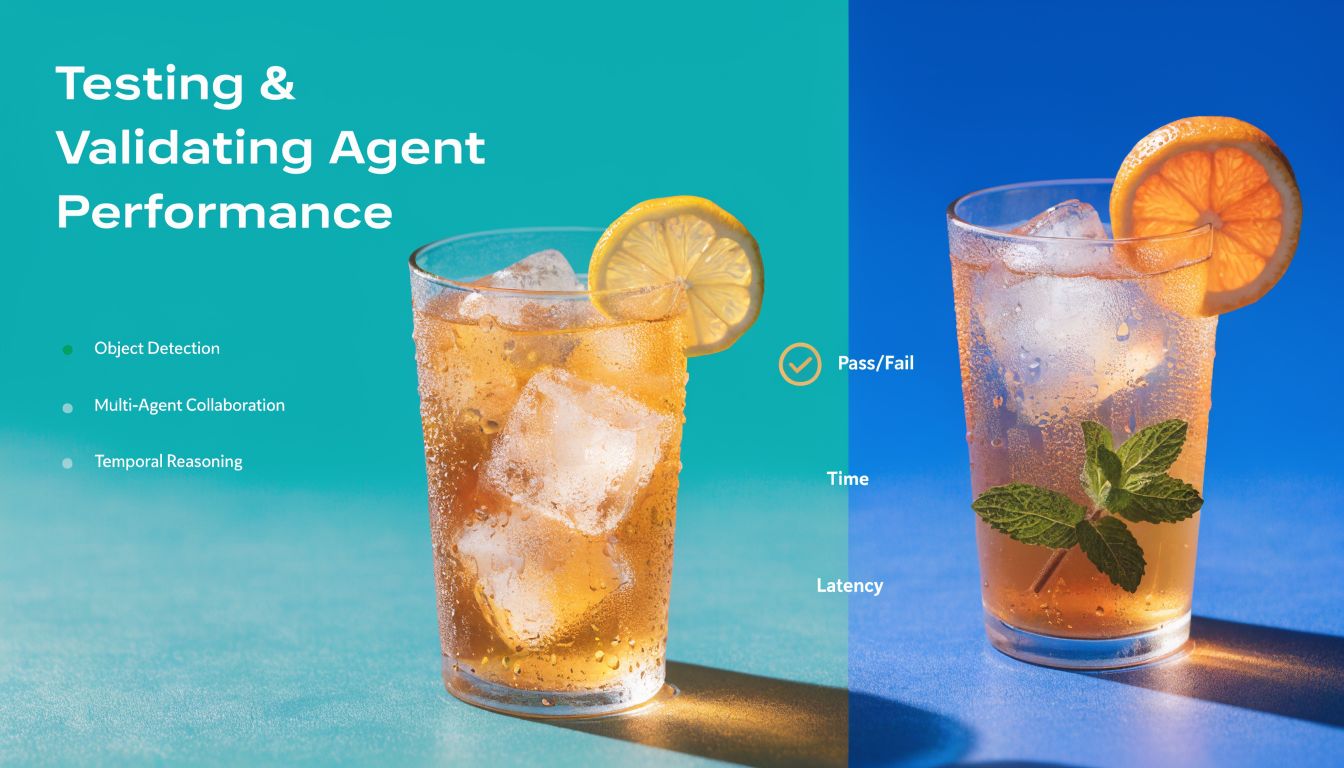 A slide titled Testing and Validating Agent Performance featuring text on agent evaluation methods and drink illustrations.