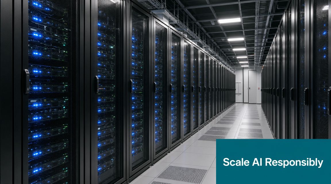 A long aisle in a modern data center filled with rows of black server racks with blinking blue lights.
