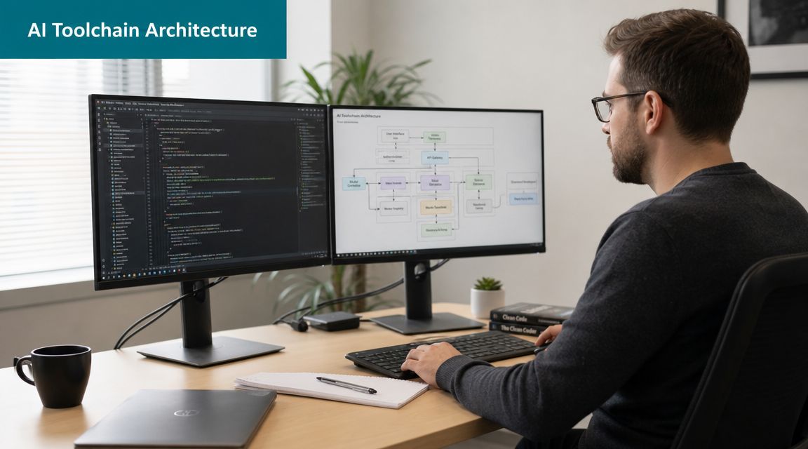 A professional software developer working on AI toolchain architecture on dual monitors in a modern office.