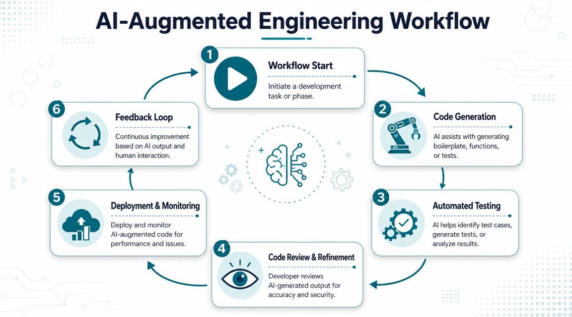 A diagram illustrating a six-step AI-augmented engineering workflow from task initiation to feedback loop.