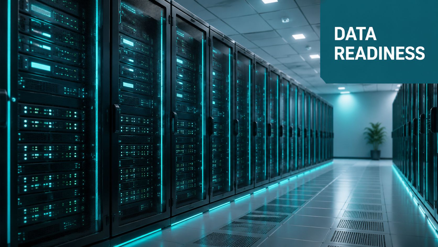 A modern server room aisle with rows of dark data center racks illuminated by blue LED lights.