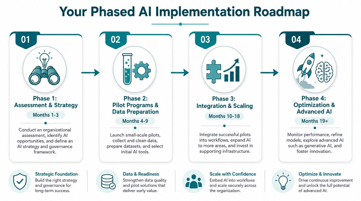 A four-phase AI implementation roadmap for organizations, detailing strategy, pilot programs, integration, and optimization stages.