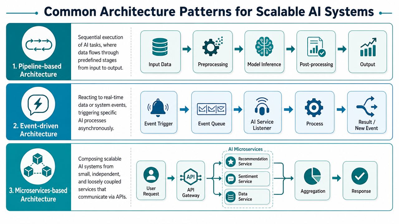 A diagram illustrating three common architecture patterns for building scalable AI systems: pipeline, event-driven, and microservices-based.