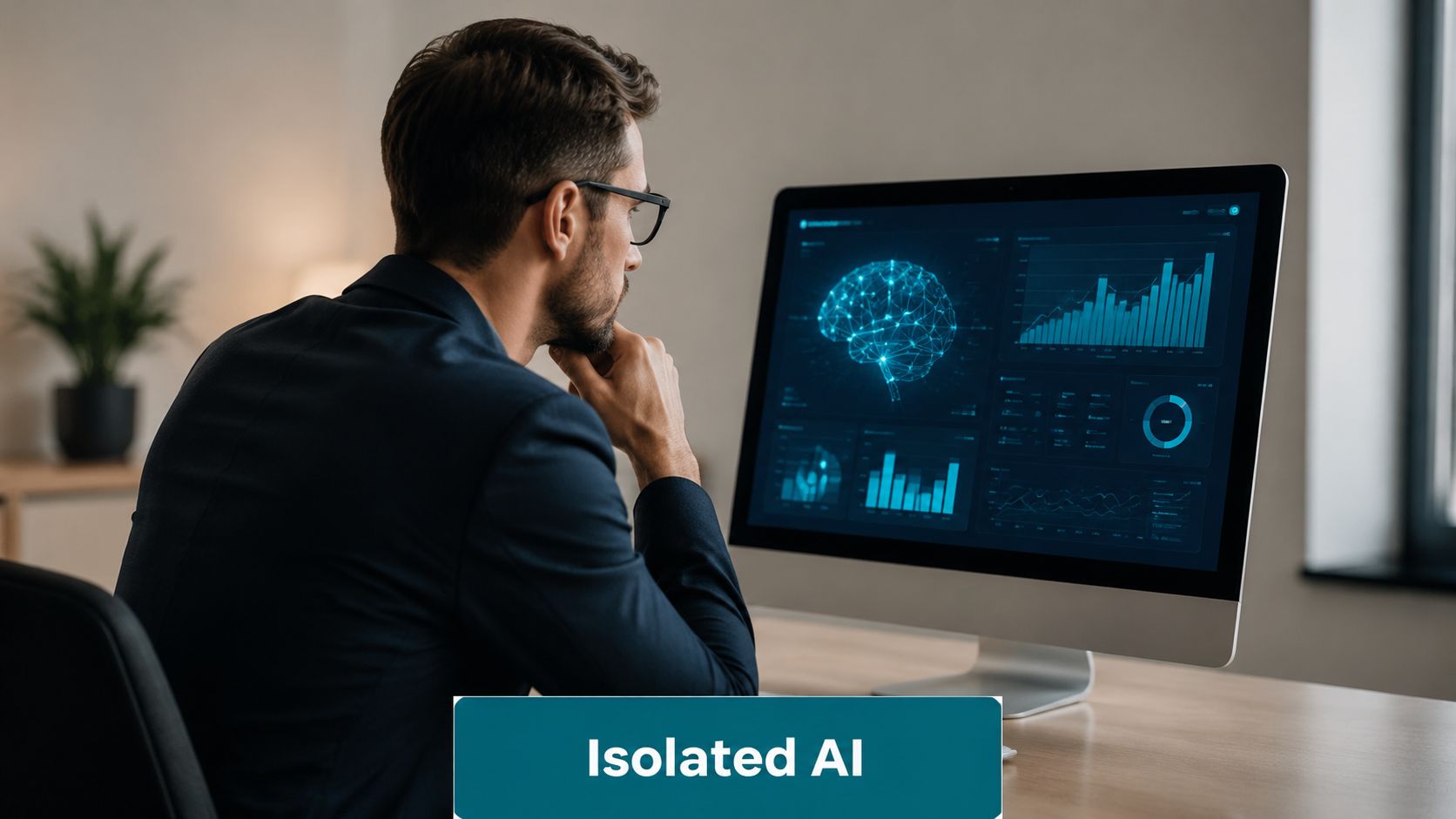 A professional man in a business suit analyzing digital brain visualizations and data charts on a computer.