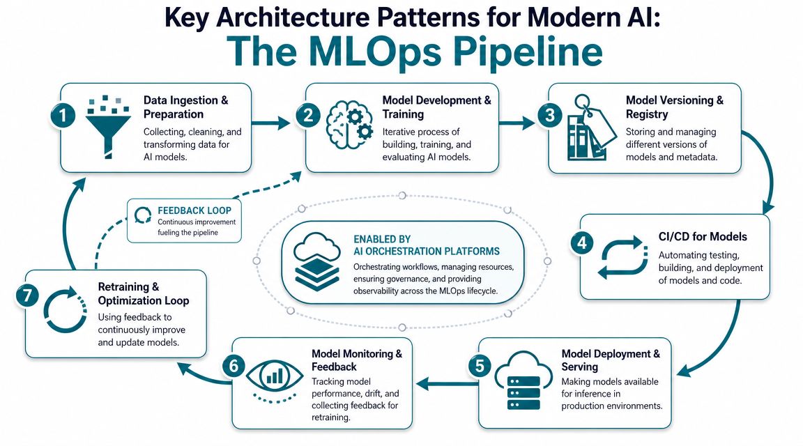 A diagram illustrating the MLOps pipeline, showing the seven stages from data preparation to continuous model retraining.