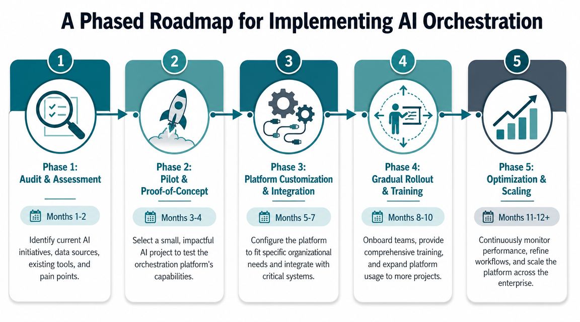 A five-phase roadmap infographic illustrating the strategic steps for successfully implementing AI orchestration platforms in an enterprise.