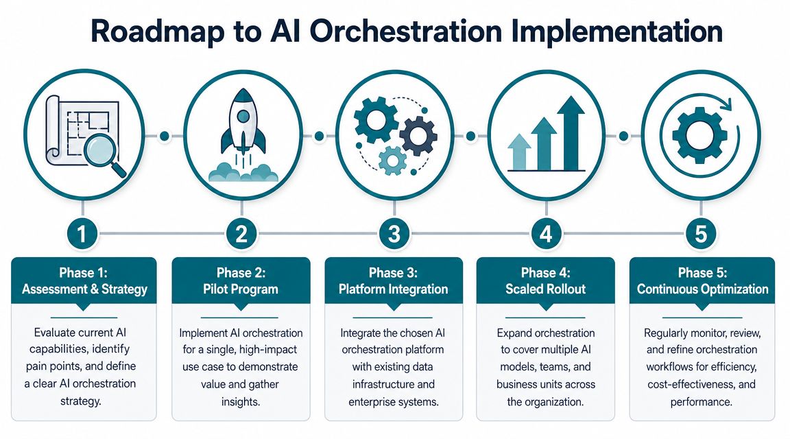 A five-phase visual roadmap for implementing AI orchestration in a professional business organization.