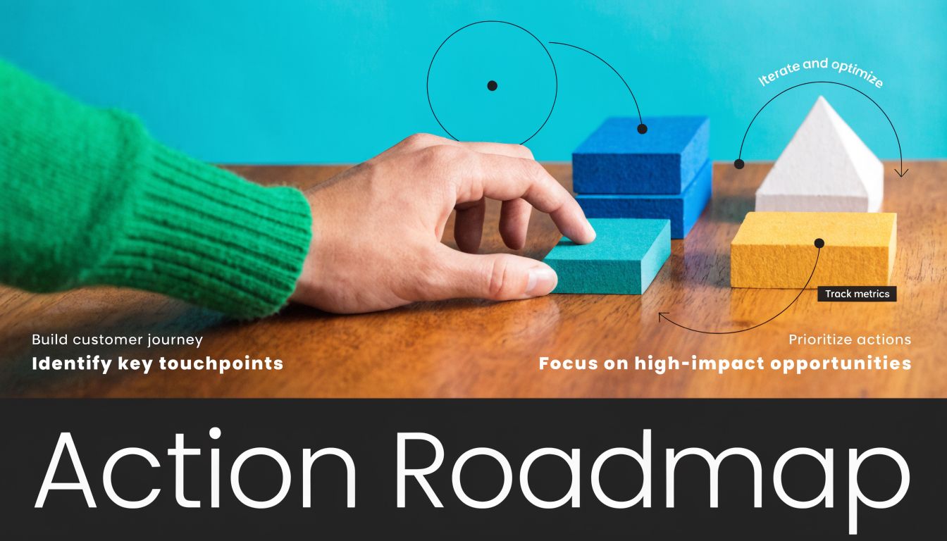 A hand arranging colorful building blocks on a table, representing an action roadmap for strategic business planning.