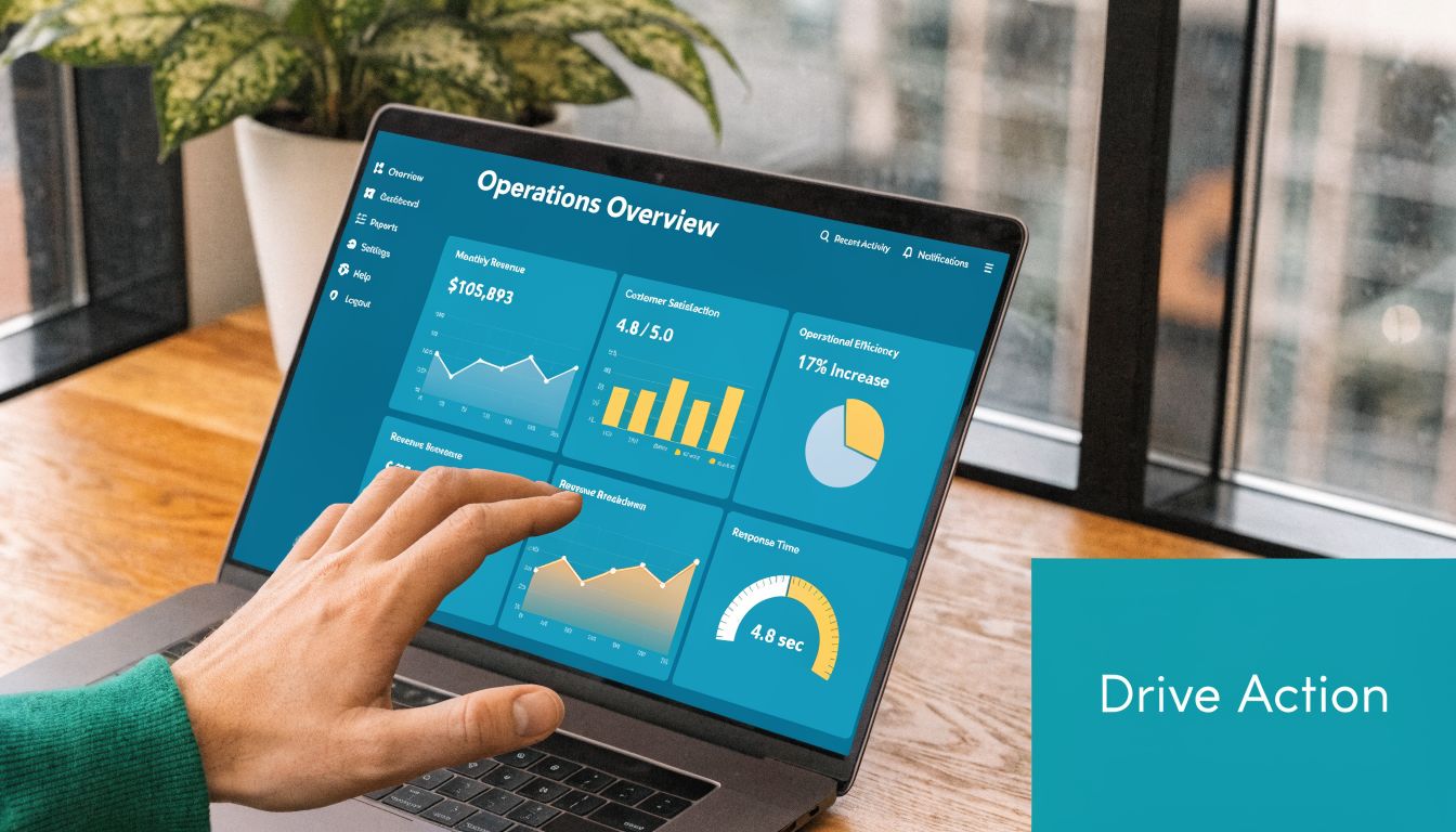 A professional analyzing AI-driven operations dashboard data on a laptop screen while working at a wooden desk.