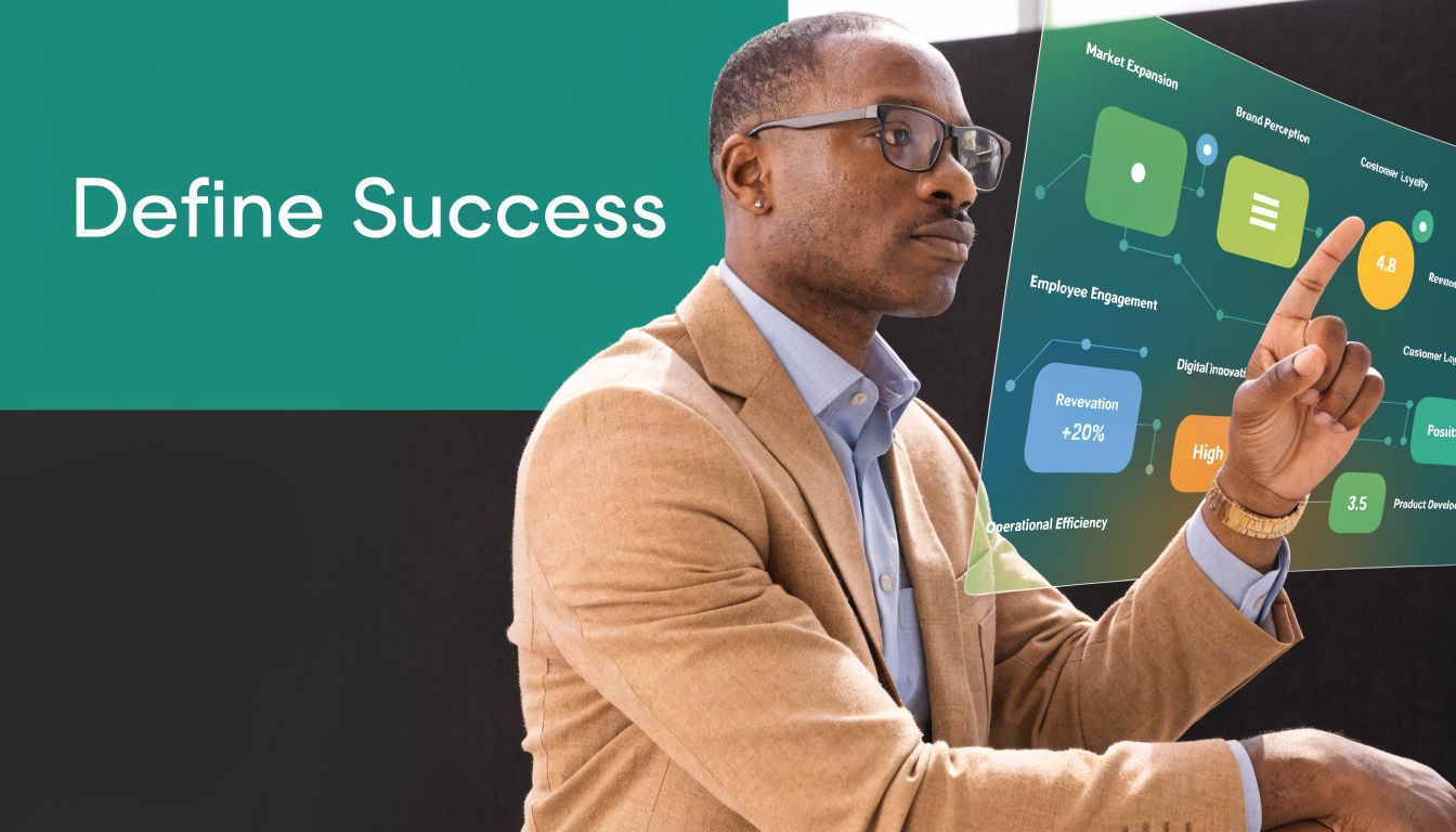 A professional man interacts with a digital holographic interface visualizing various business performance and success metrics.