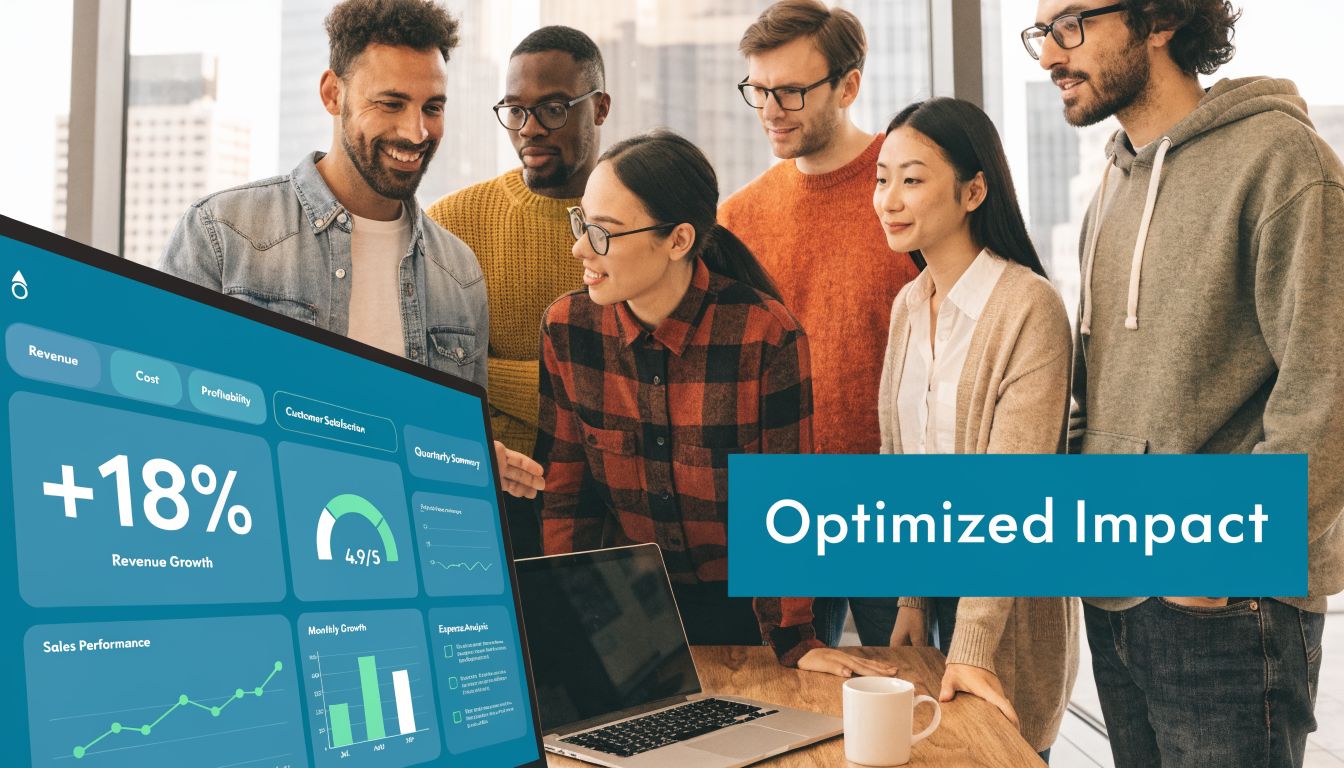 A diverse team of professionals collaborate around a laptop displaying business analytics in a modern office.