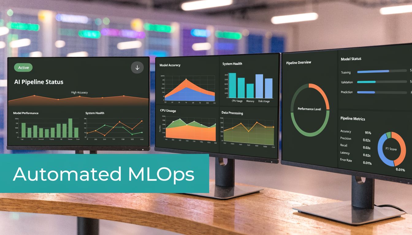 Three computer monitors on a desk displaying complex AI workflow dashboards with charts and metrics.