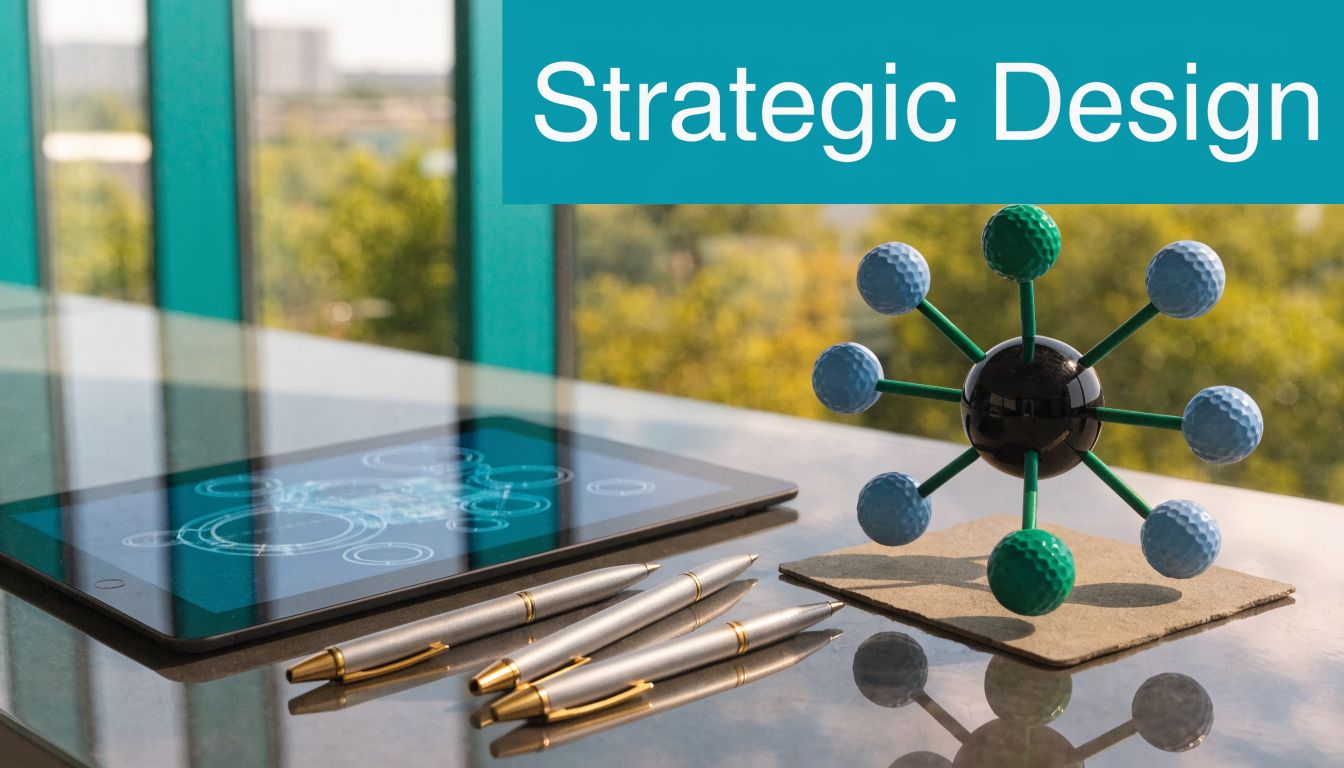 A modern office desk featuring a tablet with digital network graphics, pens, and a model molecule structure.