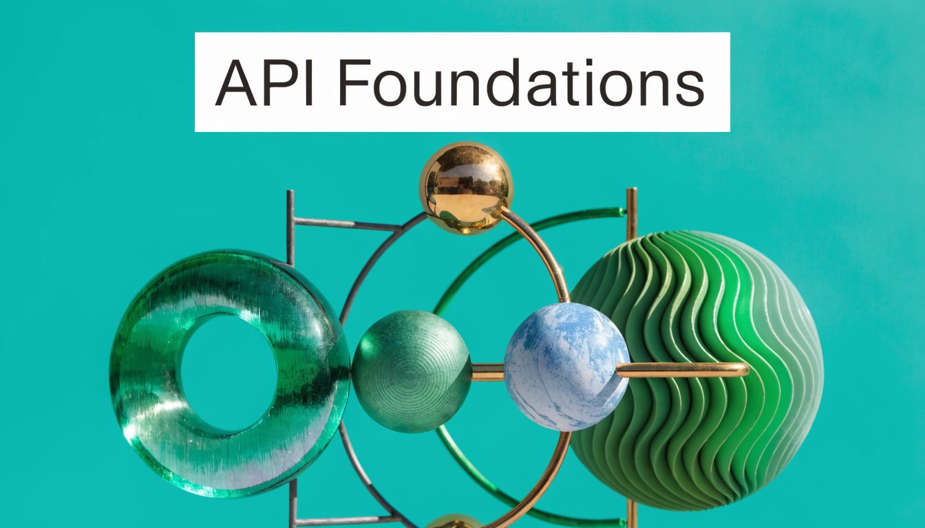 A modern graphic design featuring the text API Foundations with abstract spherical and geometric 3D shapes.