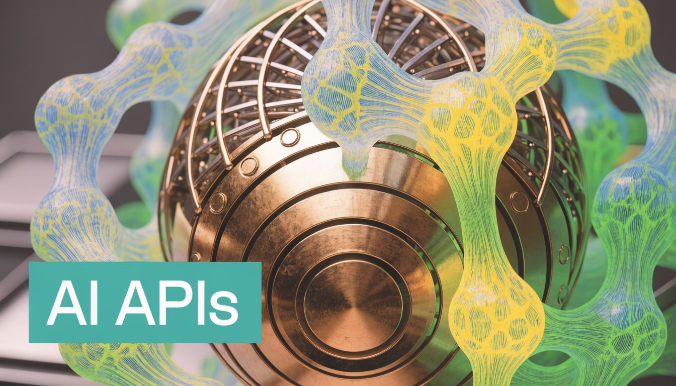 A metallic spherical structure surrounded by abstract glowing green and yellow neural networks for AI APIs.