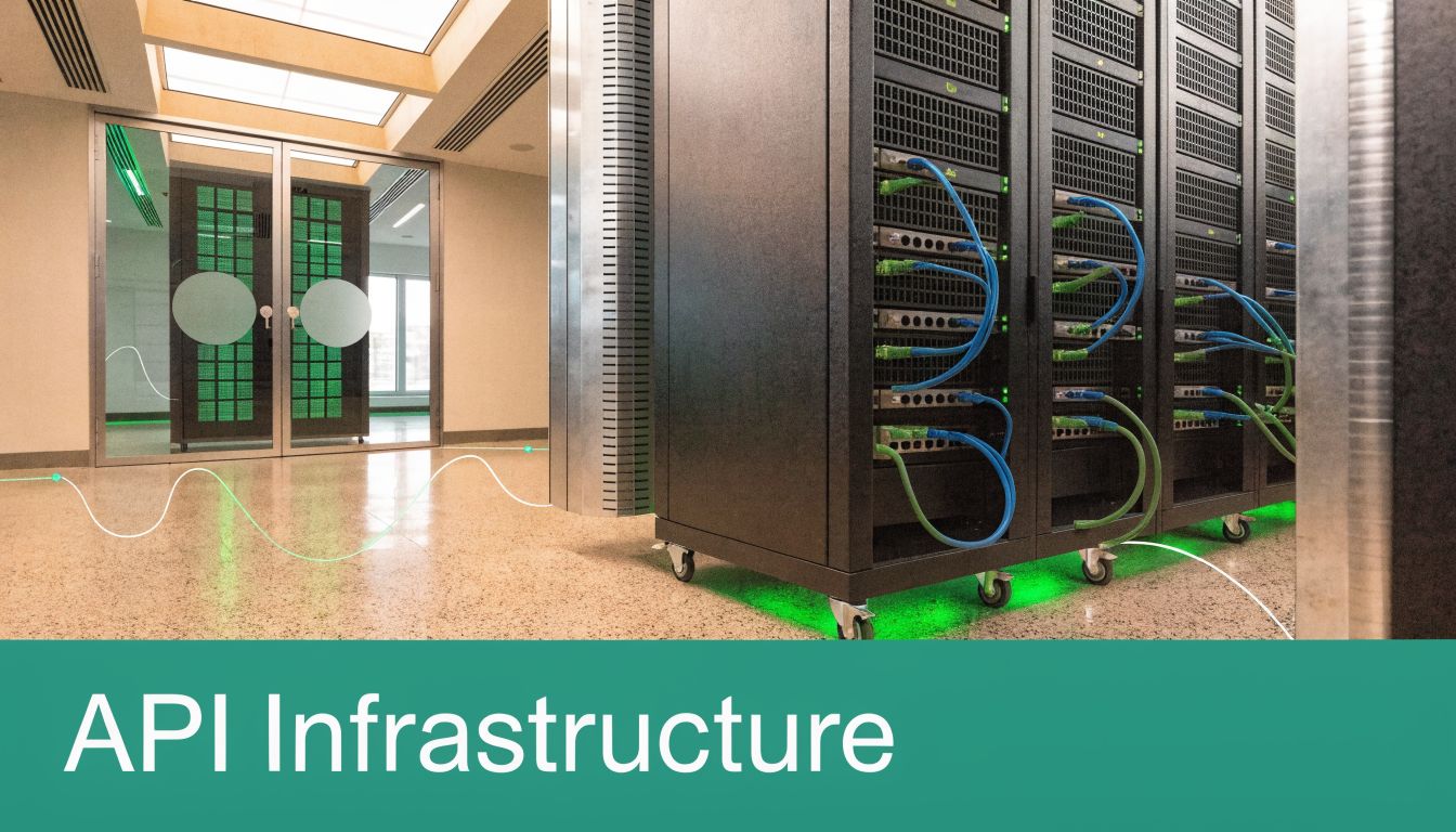 A rows of server cabinets with blue and green networking cables in a modern data center environment.