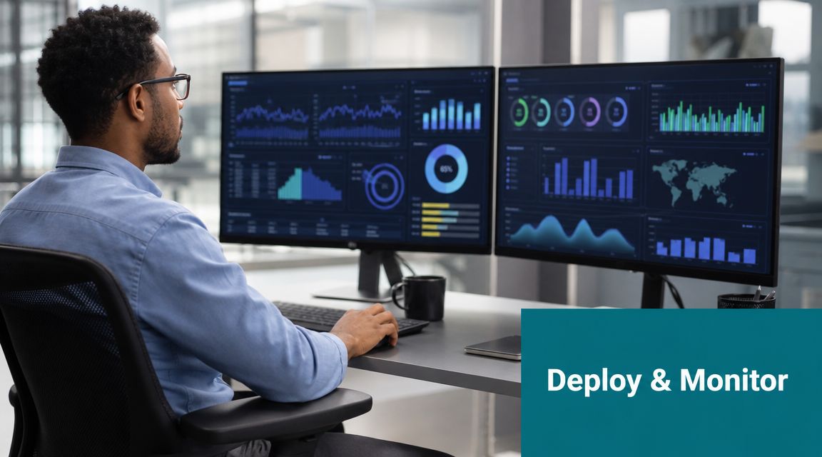 A professional man sits at a desk viewing complex data dashboards on dual computer monitors.