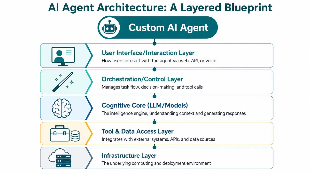 A diagram illustrating the five layers of a custom AI agent architecture from interface to infrastructure.