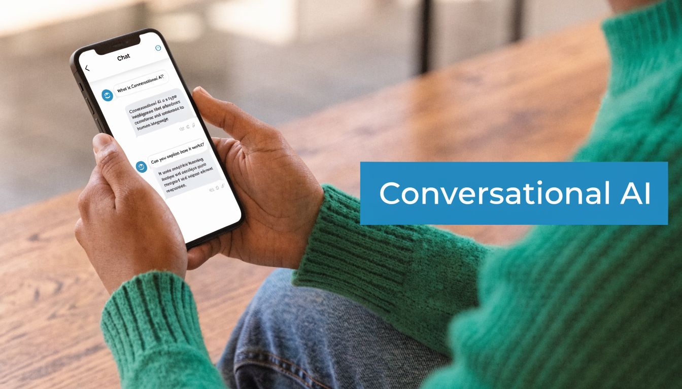 A person holding a smartphone displaying a chat interface about conversational AI technology in their hands.