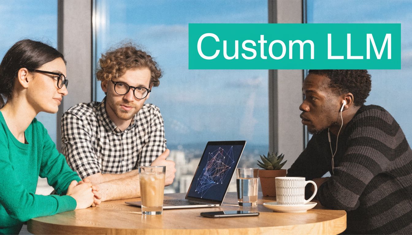 A diverse group of professionals collaborating on a custom LLM project in a modern office workspace.
