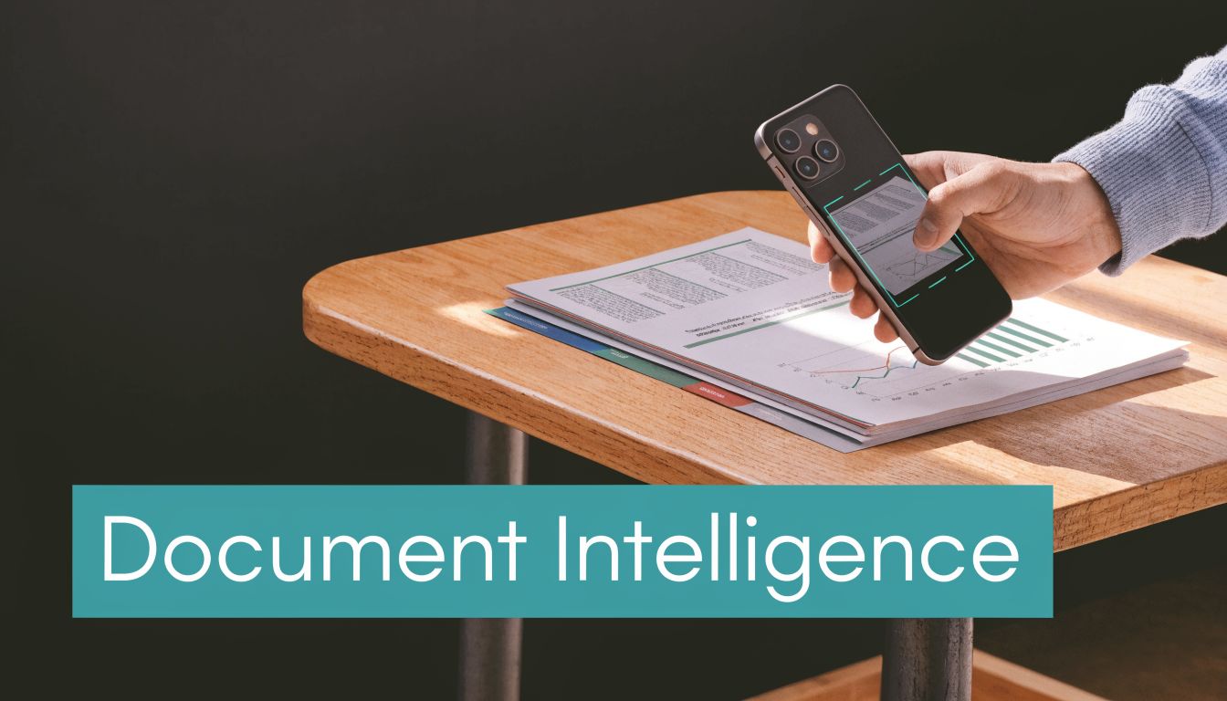 A hand holding a smartphone over a document on a wooden desk, representing document intelligence technology.
