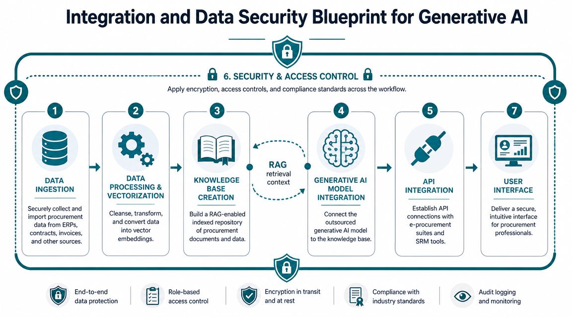 A flow diagram illustrating the seven stages of an integration and data security blueprint for Generative AI.