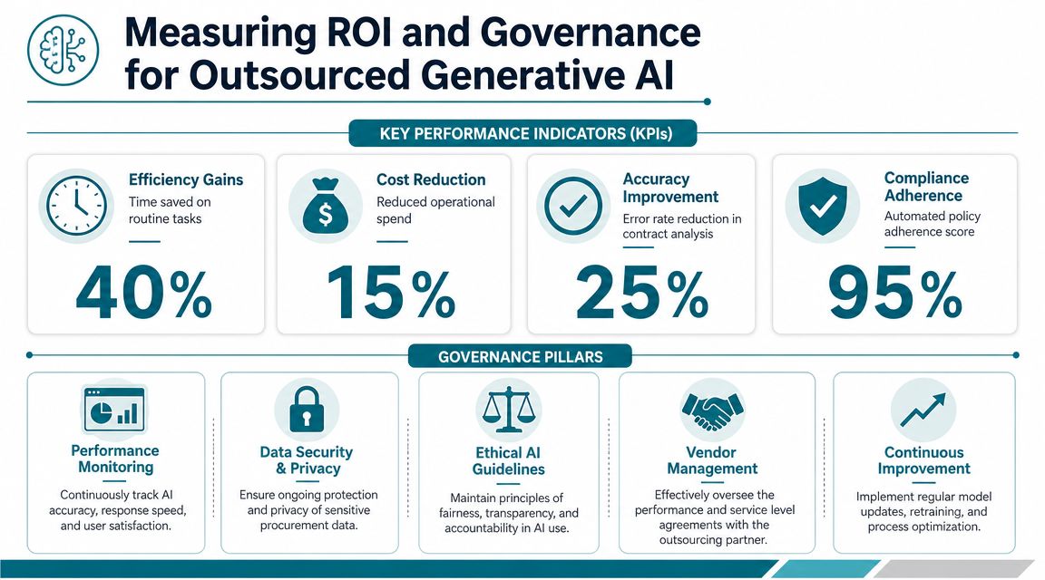 An infographic detailing key performance indicators and governance pillars for measuring outsourced generative AI implementation success.