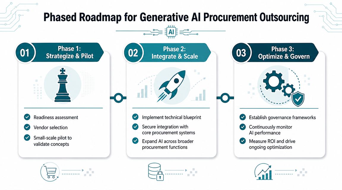 A phased roadmap infographic for generative AI in procurement outsourcing, featuring three stages: Strategize, Integrate, and Govern.