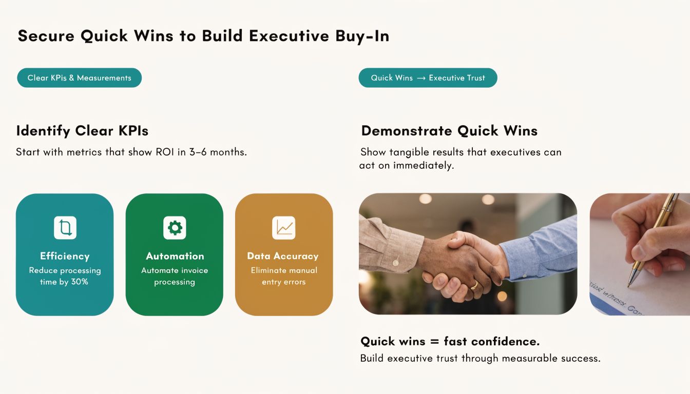 A slide explaining how to secure executive buy-in for procurement transformation through quick wins and KPIs.