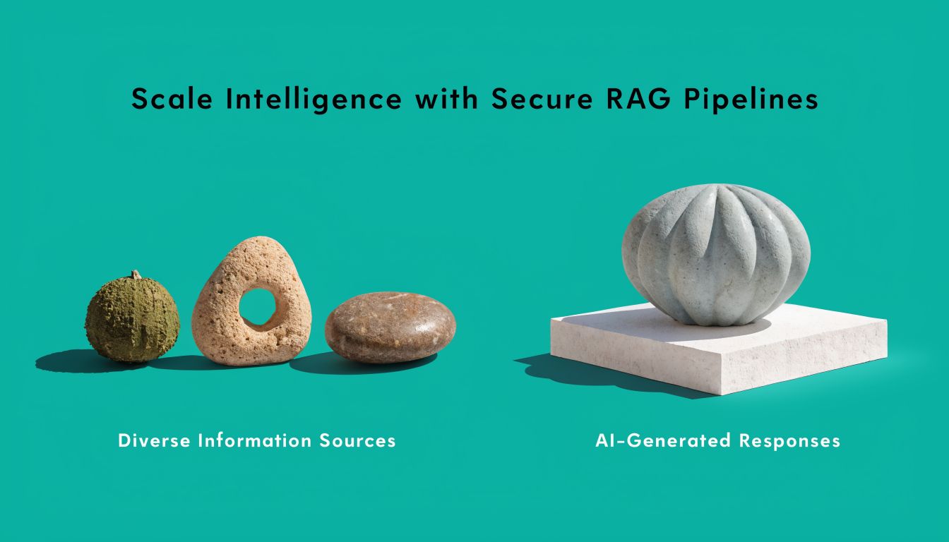 Visual representation showing stones representing diverse information sources alongside a sculpted object for AI-generated responses.
