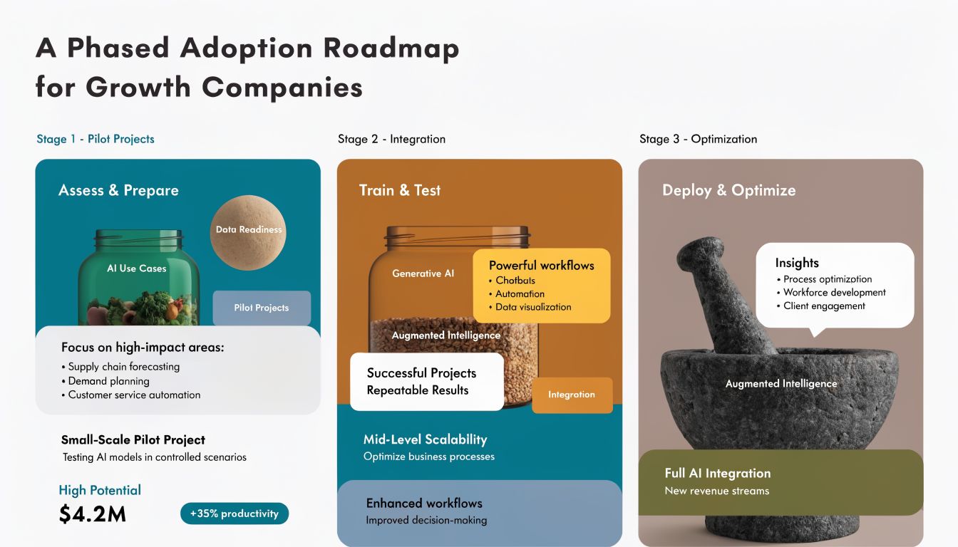 A phased adoption roadmap diagram for growth companies, outlining AI integration stages from pilot projects to optimization.