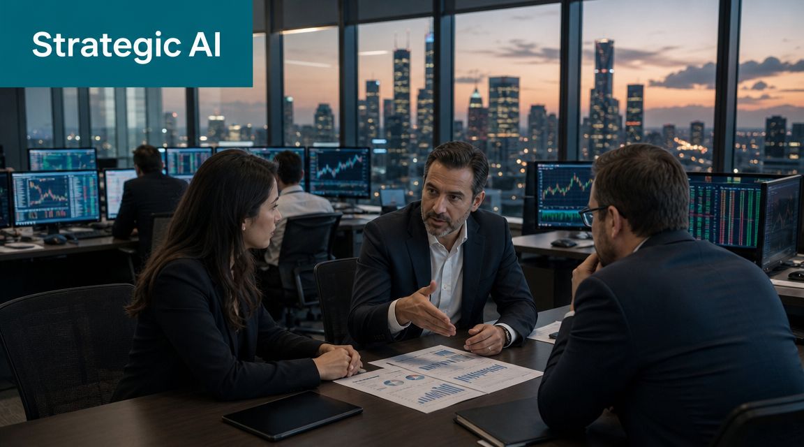 A diverse team of professionals discussing strategic AI solutions during a meeting in a modern office.