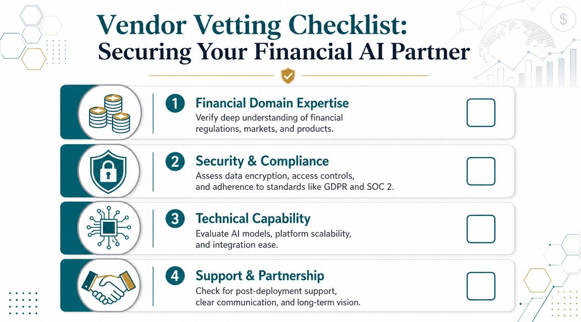 A vendor vetting checklist infographic designed for businesses to evaluate potential financial artificial intelligence partners.