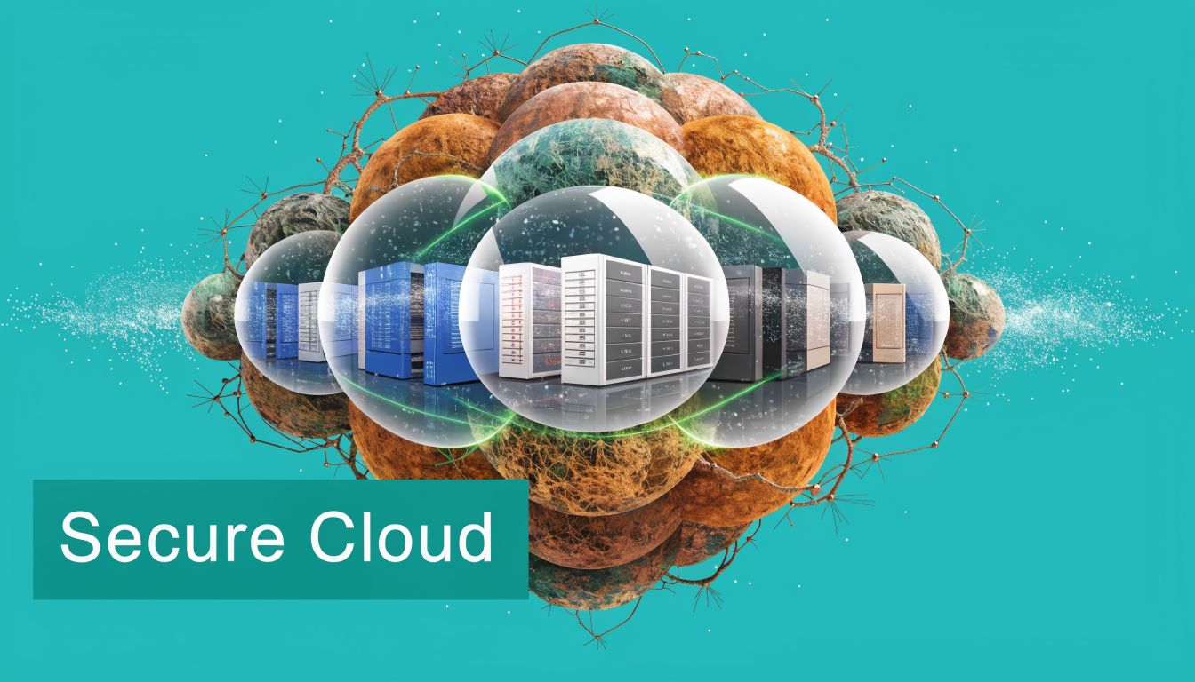 A digital illustration of server racks protected by glass spheres against an abstract textured turquoise background.