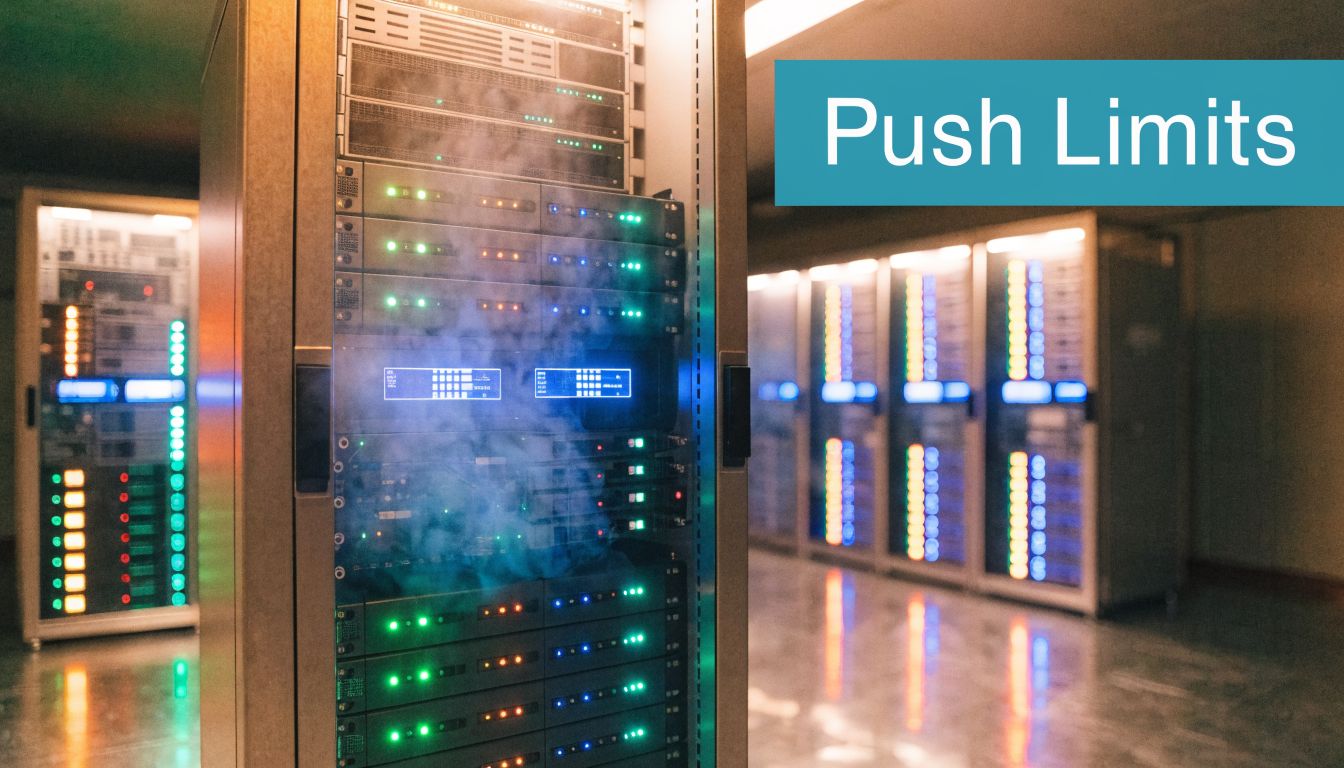 A server rack in a data center emitting smoke with the text overlay Push Limits.