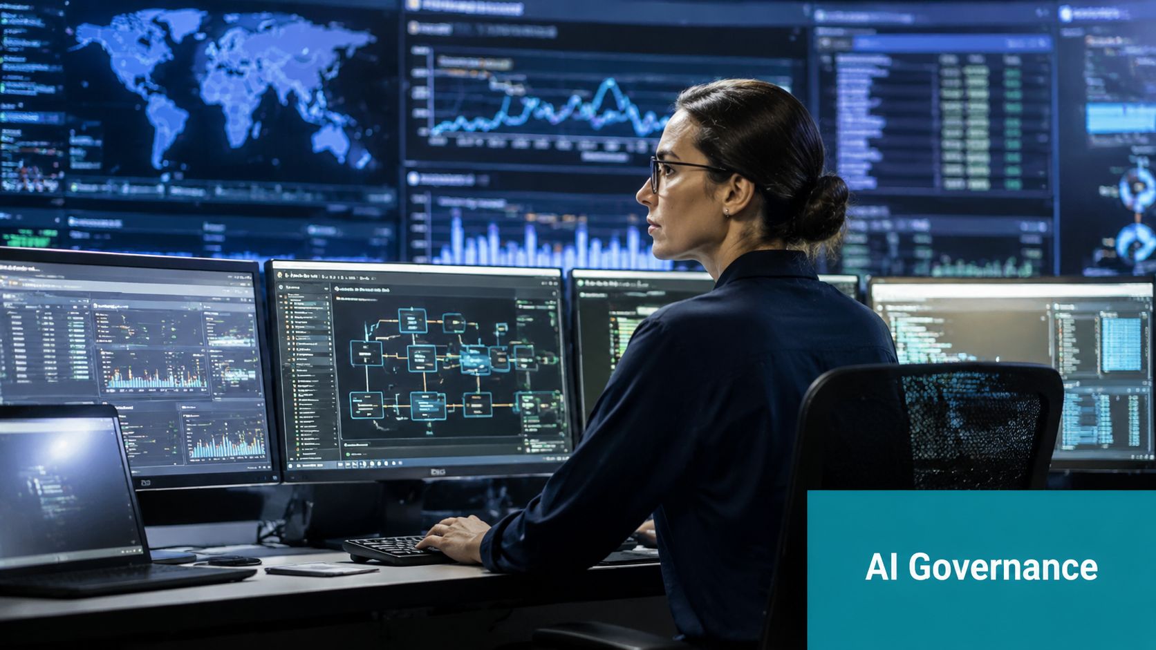 A data analyst monitoring complex systems and artificial intelligence workflows in a high-tech operation center.